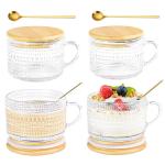 Icesip 14oz Vintage Coffee Mugs Set of 4 Overnight Oats Glass Containers with Bamboo Lids Spoons Handle for Latte Cereal Yogurt(Hobnail*4 with Sealing Ring Lids)