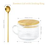 Icesip 14oz Vintage Coffee Mugs Set of 4 Overnight Oats Glass Containers with Bamboo Lids Spoons Handle for Latte Cereal Yogurt(Hobnail*4 with Sealing Ring Lids)