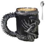 14 OZ Alien Xenomorph Mug with Spoon, Resin Exterior, Stainless Steel Interior Alien Mug, Unique Drinkware Gift for Sci-Fi Fans (Black)
