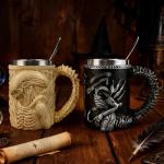 14 OZ Alien Xenomorph Mug with Spoon, Resin Exterior, Stainless Steel Interior Alien Mug, Unique Drinkware Gift for Sci-Fi Fans (Black)