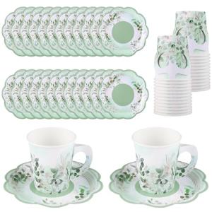NatNarr 24 Sets Eucalyptus Leaf Tea Party Cups, 7 OZ Disposable Paper Tea Cups with Handle and Plates Teacups and Saucer Sets for Bridal Baby Shower Wedding Birthday Spring Party