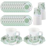 NatNarr 24 Sets Eucalyptus Leaf Tea Party Cups, 7 OZ Disposable Paper Tea Cups with Handle and Plates Teacups and Saucer Sets for Bridal Baby Shower Wedding Birthday Spring Party