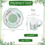 NatNarr 24 Sets Eucalyptus Leaf Tea Party Cups, 7 OZ Disposable Paper Tea Cups with Handle and Plates Teacups and Saucer Sets for Bridal Baby Shower Wedding Birthday Spring Party