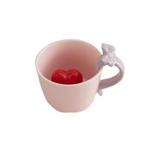 DIHOclub Ceramic Coffee Mug with Love Figurine & Bow Handle, Giftable Novelty Tea Cup for Lover Women Men, Valentine's Day Gift Idea (Pink)