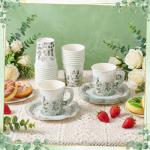 NatNarr 24 Sets Eucalyptus Leaf Tea Party Cups, 7 OZ Disposable Paper Tea Cups with Handle and Plates Teacups and Saucer Sets for Bridal Baby Shower Wedding Birthday Spring Party