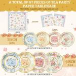 Yungyan 97 Pcs 24 Guests Tea Birthday Party Supplies Disposable Tableware Set 9 oz Paper Tea Cups with Handle 7" 9" Paper Plates Napkin Tablecloth for Floral Party Wedding Baby Shower (Sweet Style)