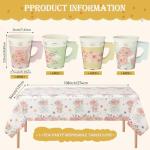 Yungyan 97 Pcs 24 Guests Tea Birthday Party Supplies Disposable Tableware Set 9 oz Paper Tea Cups with Handle 7" 9" Paper Plates Napkin Tablecloth for Floral Party Wedding Baby Shower (Sweet Style)