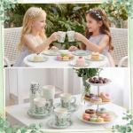 NatNarr 24 Sets Eucalyptus Leaf Tea Party Cups, 7 OZ Disposable Paper Tea Cups with Handle and Plates Teacups and Saucer Sets for Bridal Baby Shower Wedding Birthday Spring Party