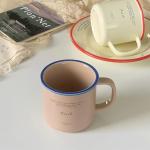 Jiantaoxi 10 oz Retro Enamel-Style Coffee Mug, Minimalist Colorful Rim Ceramic Cups With Text Deign & Colorful Rims (Beige)