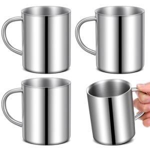 HANLANXUE 4 Set Small Stainless Steel Coffee Mug 10oz/300ml Metal Double Walled Cups with Handle Camping Mug Tea Cups for Camping Travel Outdoors Rv Keep Drinks Hot, Dishwasher Safe