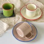 Jiantaoxi 10 oz Retro Enamel-Style Coffee Mug, Minimalist Colorful Rim Ceramic Cups With Text Deign & Colorful Rims (Beige)