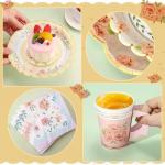 Yungyan 97 Pcs 24 Guests Tea Birthday Party Supplies Disposable Tableware Set 9 oz Paper Tea Cups with Handle 7" 9" Paper Plates Napkin Tablecloth for Floral Party Wedding Baby Shower (Sweet Style)