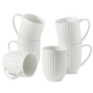 HASENSE Ceramic Coffee Mugs Set of 6, 16 Oz Large Ribbed Coffee Cups with Big Handle, Unique Modern Style White Latte Mugs for Tea,Cocoa,Milk,Cappuccino, Microwave & Dishwasher Safe