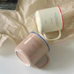 Jiantaoxi 10 oz Retro Enamel-Style Coffee Mug, Minimalist Colorful Rim Ceramic Cups With Text Deign & Colorful Rims (Beige)