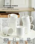 HASENSE Ceramic Coffee Mugs Set of 6, 16 Oz Large Ribbed Coffee Cups with Big Handle, Unique Modern Style White Latte Mugs for Tea,Cocoa,Milk,Cappuccino, Microwave & Dishwasher Safe