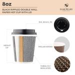 [100 SET]Harvest Pack 8 oz Disposable Coffee Cups, Insulated Ripple Double-Walled Paper Cup with Lid, Black and White Geometric, Tea Hot Chocolate Drinks To go coffee cups