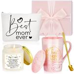 Lallisa 4 Pcs Mother's Day Gifts Box Set for Best Mom Ever Mother in Law Grandmom Coffee Mug Cup with Lid Lavender Scented Candles and Makeup Bags for Birthday Gifts from Daughter Son(Mom)