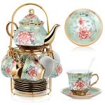 Zhehao 20 Pcs Porcelain Tea Set with Metal Holder and Spoon Adult Ceramic Tea Set European Flower Painting Teapot Cup Saucer Spoon for Women, Large Version (Fresh Style)