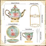 Zhehao 20 Pcs Porcelain Tea Set with Metal Holder and Spoon Adult Ceramic Tea Set European Flower Painting Teapot Cup Saucer Spoon for Women, Large Version (Fresh Style)