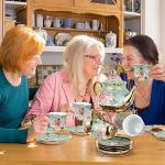 Zhehao 20 Pcs Porcelain Tea Set with Metal Holder and Spoon Adult Ceramic Tea Set European Flower Painting Teapot Cup Saucer Spoon for Women, Large Version (Fresh Style)