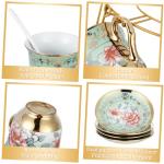 Zhehao 20 Pcs Porcelain Tea Set with Metal Holder and Spoon Adult Ceramic Tea Set European Flower Painting Teapot Cup Saucer Spoon for Women, Large Version (Fresh Style)