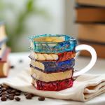 WACOI Chapter Book Mug Glass 3D Book Mugs for Gift, Painted Book Coffee Cup with Stack Design 7oz Artistic Reading Coffee Cup with Handle for Readers, Bookworm, Ideal Gift for Christmas, Birthday