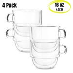 BTaT- Double Walled Stackable Glass Coffee Mugs, 16 oz, Set of 4, Glass Coffee Cups with Handle, Insulated Clear Coffee Mug for Hot and Cold Beverages, Cappuccino, Latte, Tea, Americano