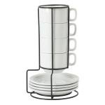 Gibson Home Gracious Dining 7-Ounce Cappuccino Cups Set of 4, Stackable Coffee Cups with 4 Saucers, Metal Stand, Coffee Mugs for Latte, Café, Mocha, Tea