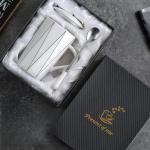 VALORIZE Ceramic Coffee Mug with Lid and Spoon, 13 oz Thick Heavy Coffee Cup for Office Desk, Modern Minimalist Geometric Zigzag Pattern Mug, Coffee Tea Mug with Gift Box for Work, Home & WFH (White)