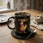 SRANQUILL F-Caw-F Funny Rooster Ceramic Coffee Mug, 11 oz Farmhouse Chicken Novelty Animal Tea Cup with Ergonomic Handle (Black)