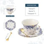 TATSUMI Country Roses Bone China Tea Cup and Saucer Set, 3 Pieces, Vintage Style, For Women and Tea Parties（sky blue，1 set）