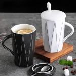VALORIZE Ceramic Coffee Mug with Lid and Spoon, 13 oz Thick Heavy Coffee Cup for Office Desk, Modern Minimalist Geometric Zigzag Pattern Mug, Coffee Tea Mug with Gift Box for Work, Home & WFH (White)