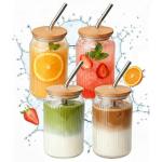 4 Packs Ribbed Glass Tumbler with Lid and Straw 16 oz Cute Ice Coffee Cup Set for Smoothie Juice Matcha Tea Latte Cappuccino Espresso Hot Coffe Water Reusable Clear Travel Boba Aesthetic Drinking Mug