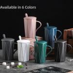 VALORIZE Ceramic Coffee Mug with Lid and Spoon, 13 oz Thick Heavy Coffee Cup for Office Desk, Modern Minimalist Geometric Zigzag Pattern Mug, Coffee Tea Mug with Gift Box for Work, Home & WFH (White)