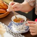 TATSUMI Country Roses Bone China Tea Cup and Saucer Set, 3 Pieces, Vintage Style, For Women and Tea Parties（sky blue，1 set）