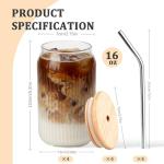 4 Packs Ribbed Glass Tumbler with Lid and Straw 16 oz Cute Ice Coffee Cup Set for Smoothie Juice Matcha Tea Latte Cappuccino Espresso Hot Coffe Water Reusable Clear Travel Boba Aesthetic Drinking Mug