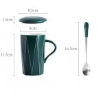 VALORIZE Ceramic Coffee Mug with Lid and Spoon, 13 oz Thick Heavy Coffee Cup for Office Desk, Modern Minimalist Geometric Zigzag Pattern Mug, Coffee Tea Mug with Gift Box for Work, Home & WFH (White)