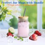 Magicsky Mason Jar Cups with Handles, Vintage 16 oz Glass Iced Coffee Cup with Bamboo Lids and Straws, Pint Drinking Jars Mug for Smoothie, Cold Drinks, Juice, Party Beverages, Set of 4
