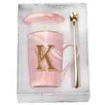 Letter K Personalized Initial Mugs with Flower, Letter K Personalized Novelty Coffee Mug, Novelty Letter Coffee Mugs for Women, Bridal Shower Gifts, Women's Initials Gifts Coffee Mug 14 Ounce Pink