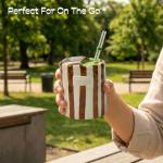 KOIMYSA Ceramic Coffee Mug with Half Lid, 12oz Handmade Retro Striped Travel Mug, Minimalist To Go Coffee Cup for Home Office, Reusable Pottery Tumbler, Brown