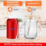 Magicsky Mason Jar Cups with Handles, Vintage 16 oz Glass Iced Coffee Cup with Bamboo Lids and Straws, Pint Drinking Jars Mug for Smoothie, Cold Drinks, Juice, Party Beverages, Set of 4