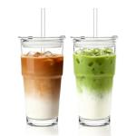 INSETLAN 20oz Clear Glass Cup with Lid and Glass Straw, Set of 2 Thickened Glass Coffee Tumblers, Drinking Glasses with Straw for Smoothie, Tea, Milk, Whiskey, Water and More – Elegant & Durable