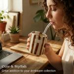 KOIMYSA Ceramic Coffee Mug with Half Lid, 12oz Handmade Retro Striped Travel Mug, Minimalist To Go Coffee Cup for Home Office, Reusable Pottery Tumbler, Brown