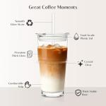 INSETLAN 20oz Clear Glass Cup with Lid and Glass Straw, Set of 2 Thickened Glass Coffee Tumblers, Drinking Glasses with Straw for Smoothie, Tea, Milk, Whiskey, Water and More – Elegant & Durable