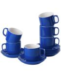 BTaT- Stackable Coffee Cups with Saucers, Set of 6, 8 Ounce, Navy Blue, Porcelain Cappuccino Cups for Coffee Drinks, Cappuccino, Latte, Espresso, Americano and Tea, Microwave & Dishwasher Safe