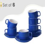 BTaT- Stackable Coffee Cups with Saucers, Set of 6, 8 Ounce, Navy Blue, Porcelain Cappuccino Cups for Coffee Drinks, Cappuccino, Latte, Espresso, Americano and Tea, Microwave & Dishwasher Safe