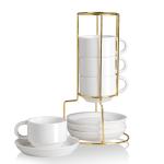 Sweejar Porcelain Espresso Cups with Saucers, 4 Ounce Stackable Cappuccino Cups with Metal Stand for Coffee Drinks, Latte, Tea - Set of 4 (White Gold Stand)