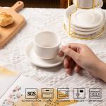 Sweejar Porcelain Espresso Cups with Saucers, 4 Ounce Stackable Cappuccino Cups with Metal Stand for Coffee Drinks, Latte, Tea - Set of 4 (White Gold Stand)