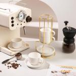 Sweejar Porcelain Espresso Cups with Saucers, 4 Ounce Stackable Cappuccino Cups with Metal Stand for Coffee Drinks, Latte, Tea - Set of 4 (White Gold Stand)