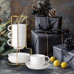 Sweejar Porcelain Espresso Cups with Saucers, 4 Ounce Stackable Cappuccino Cups with Metal Stand for Coffee Drinks, Latte, Tea - Set of 4 (White Gold Stand)